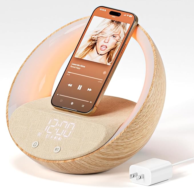 FUNFOR Bluetooth Alarm Clock, Sunrise Simulation Wake Up Night Light, 15W Fast Wireless Charging Alarm Clock for Bedroom, 10W Bluetooth Stereo Sound Speaker, USB Charger Port