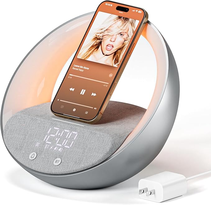 FUNFOR Bluetooth Alarm Clock, Sunrise Simulation Wake Up Night Light, 15W Fast Wireless Charging Alarm Clock for Bedroom, 10W Bluetooth Stereo Sound Speaker, USB Charger Port