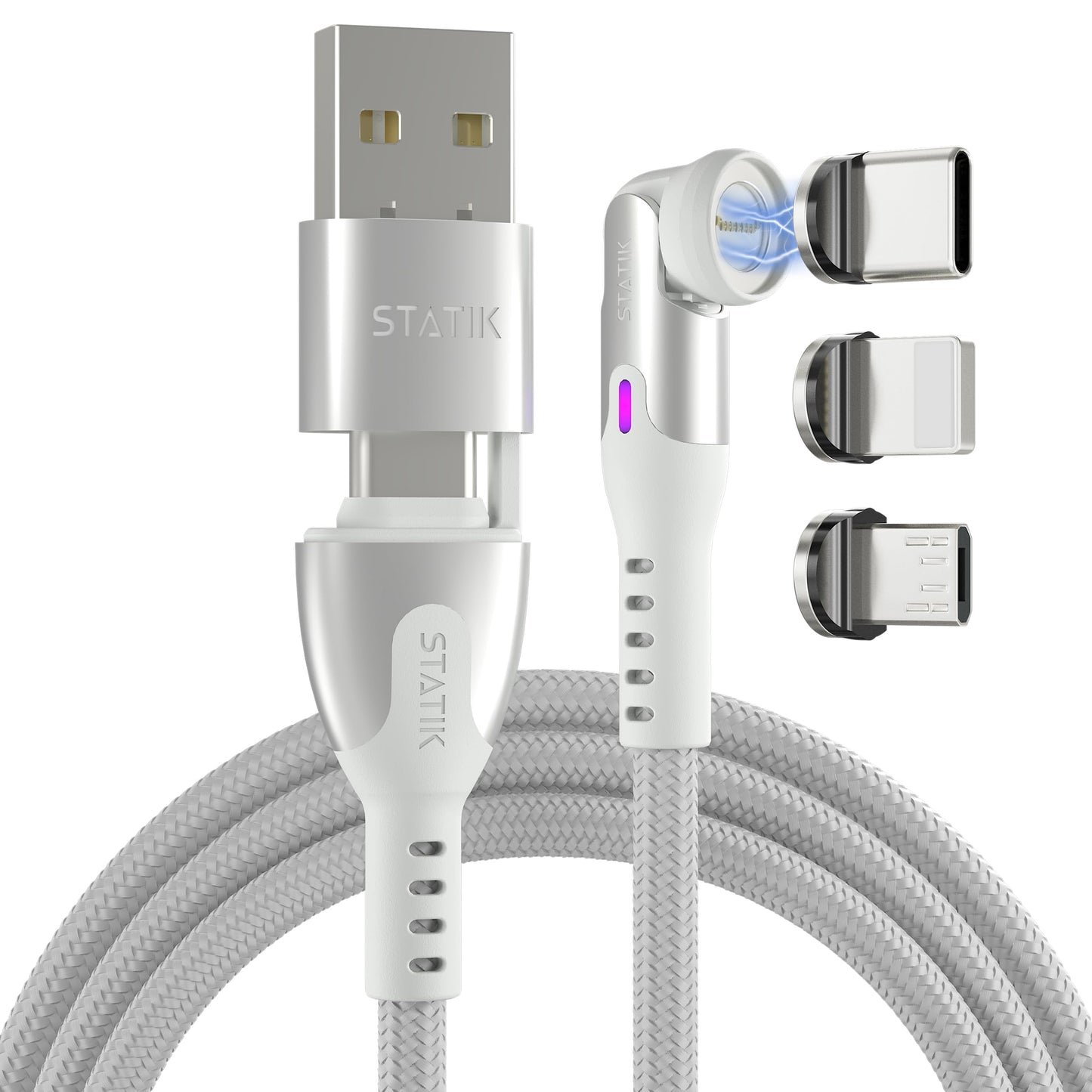 Statik 360 Pro Magnetic Charging Cable - Type C Charger Fast Charging 3 in 1 USB C to USB C Cable, Micro USB & iProduct Tips, USB A Adapter, Compatible w/All Devices - 100W Fast Charger, White 6FT/2M