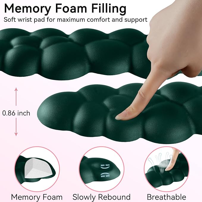 Sushret Cloud Wrist Rest for Computer Keyboard, 4-in-1 Memory Foam Leather Cloud Keyboard Wrist Rest and Mouse Pad Set with Ergonomic Support for Arm and Palm Cushion, Gaming/Work Setup, Dark Green