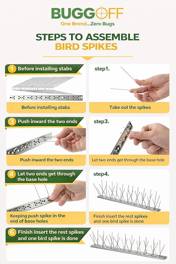BUGGOFF Bird and Rodent Spikes, 4.5" Tall 10" Long Stainless Steel Anti-Bird Deterrent Strips, Silver, Professional Pest Control for Roofs, Fences, Ledges (20 Pieces / 16.6 Feet)