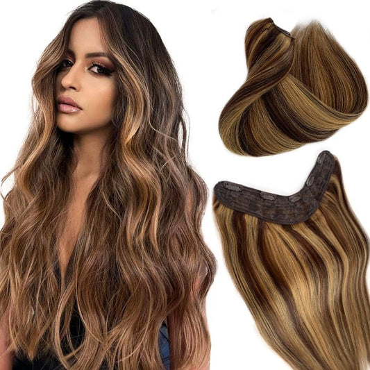 Human Hair Clip-In Extensions - Ombre Chocolate Brown to Caramel Blonde | 14" 70G V-Shape Balayage with 5 Secure Clips
