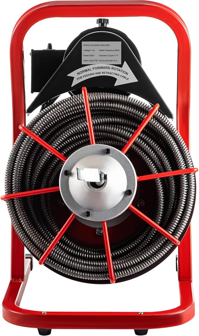 VEVOR Drain Cleaner Machine, 75 Ft x 3/8 Inch, Drain Cleaning Machine Fits 1 to 4 Inch Pipes, Portable Drain Auger Cleaner with 4 Auger Bits, Electric Drain Auger Plumbing Tool