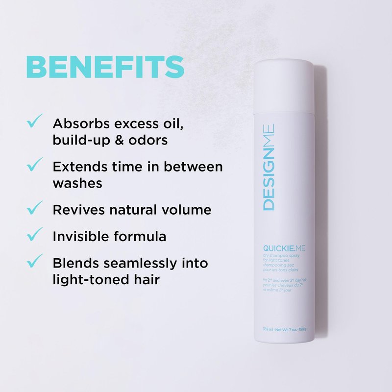 Design.Me QUICKIE.ME Dry Shampoo for Light Tones | Instantly Refreshes, Absorbs Oils | Root-Lifting Formula with Rice Starch | Residue-Free Waterless Spray for Blonde, Platinum, & Grey Hair