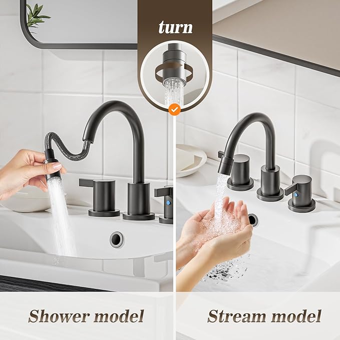 Phiestina Pull Out Sprayer Matte Black 8 Inch Bathroom Sink Faucet, Widespread 2 Handles 3 Hole Pull Down Bathroom Faucet, with Pop Up Drain and Water Supply Line, BF04022-K01-MB