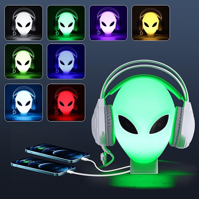 FancyMay RGB Headphone Stand with Music Rhythm Light, 8-Color LED Gaming Headset Holder with USB & Type-C Charging Ports, Voice-Activated Light for PC Desk Setup, Gamer Gifts for Men & Boys