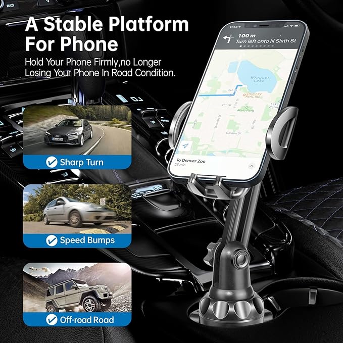 TOPGO Cup Phone Holder for Car, [No Shaking & Stable & Adjustable Pole] Car Cup Holder Phone Mount, Cell Phone Cradle for iPhone 14, Samsung and More Smart Phone - Black
