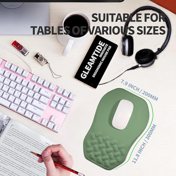 Gleamtide Ergonomic Raised Mouse Pad Wrist Support with Bilateral Slope Memory Foam Mousepad for Wrist Rest and Carpal Tunnel Pain Relief 11.8x7.9〃 Green