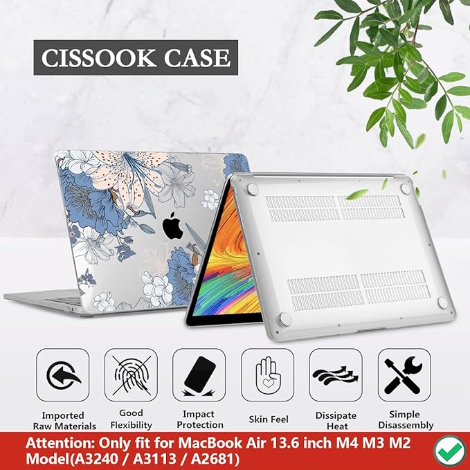 CISSOOK Compatible with MacBook Air 13.6 inch Case 2026 2025 2024 2022 Release A3449 A3240 A3113 A2681, Lily Flowers Hard Shell Keyboard Cover Screen Protector for MacBook Air 13 inch M2 M3 M4 M5