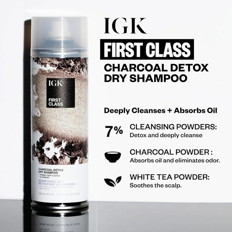 IGK First Class Charcoal Detox Dry Shampoo - Oil Absorbing & Volumizing Spray for Brunette/Blonde Hair | 6.3 oz