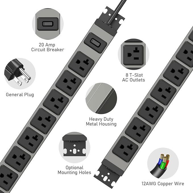 JUNNUJ Heavy Duty Power Strip Wall Mount, 20 Amp Surge Protector 1200J Metal 8 Outlet Under Desk Mounted 20A, Garage Power Table Socket Industrial Outlets 6-20R T-Slot, 10FT 12AWG Extension Cord