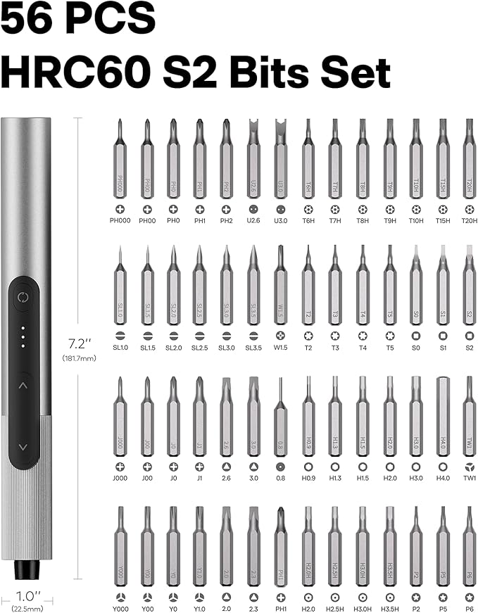 HOTO SNAPBLOQ™ S-A01 3.7V Electric Screwdriver, 56 Bits & 3 Torque Settings, LED Light, Eyeglass Repair Kit, Precision Screwdriver Set with Torx for Phone, Watch, Laptop, Gaming Consoles