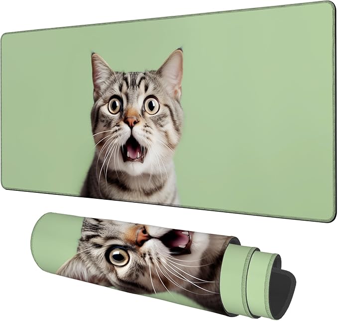 NITAHHHY Large Mouse Pad A Surprised Cat Gaming Desk Pad Computer Keyboard Non-Slip Waterproof Mouse Mat with Rubber Base and Stitched Edges Entertainment Office Writing Desk Mat 35.4 x 15.7 Inches