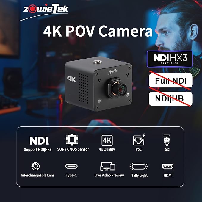 zowietek 4K Native NDI|HX3 POV Box Camera PoE, Auto Focus, SDI & HDMI & UVC Output, Standalone RTSP/RTMP(s)/SRT Live Streaming, Ultra-Compact, Interchangeable Lens, Mobile Phone/Tablet Control(M12 AF)