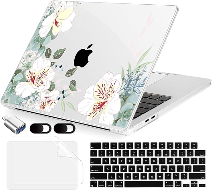 MecBevia Compatible with 2026 M5 MacBook Air 13 inch Case 2026 2025 2024-2022 M5 A3449 M4 A3240 M3 A3113 M2 A2681, Keyboard Cover, Screen Protector, Webcam Cover & Type-C OTG, White Alstroemeria