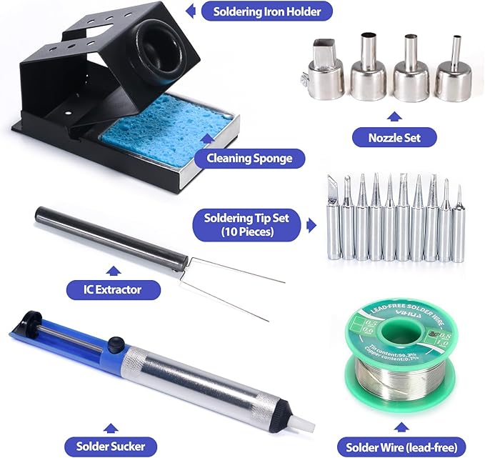 YIHUA 8786D I 2 in 1 Hot Air Rework and Soldering Iron Station with 10 Solder Iron Tips, 4 Hot Air Nozzles, °F /°C, Cool/Hot Air Conversion and Sleep Function