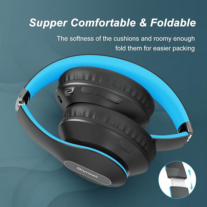 Glynzak Wireless Bluetooth Headphones Over Ear 65H Playtime HiFi Stereo Headset with Microphone and 6EQ Modes Foldable Bluetooth V6.0 Headphones for Travel Smartphone Computer Laptop