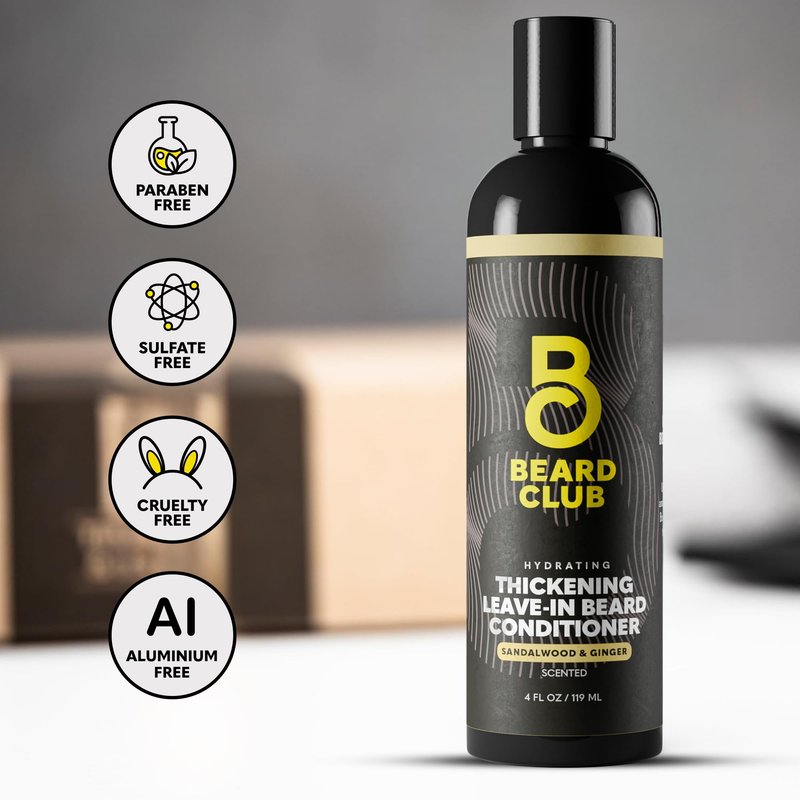 The Beard Club Thickening Leave-In Beard Conditioner for Men – Sandalwood & Ginger Cream – Hydrating Moisturizer, Softener & Lotion – Nourishes, Strengthens & Provides Itch Relief – 4oz