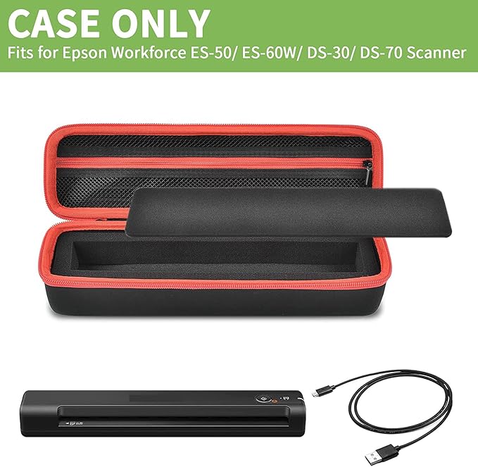 Case for Epson Workforce ES-50/ ES-60W/ ES-55R/ ES-65WR & DS-30/ DS-70/ DS-80W, Hard Portable Scanner Carrying Case Receipt Scanner Case with Handle & Mesh Pocket for USB Cable/Adapter (Black)