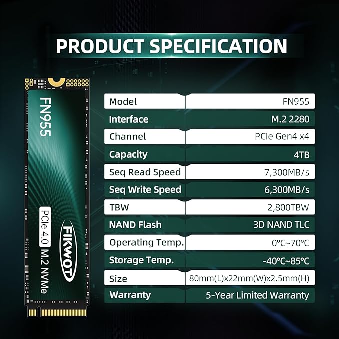 Fikwot FN955 4TB NVMe SSD M.2 2280 PCIe Gen4x4, Up to 7300MB/s, 3D NAND TLC Flash Internal Solid State Drive, Configure SLC Cache, Storage and Memory Expansion for PS5 Laptop Desktop