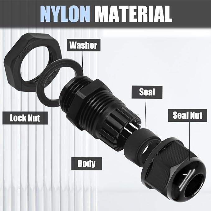 Kyuionty 25 Pcs Nylon Cable Glands, PG7 PG9 PG11 PG13.5 PG16 Strain Relief Cable Cord Connector IP68 Waterproof Junction Box Wire Protectors Adjustable for 3-13mm Cable Diameter