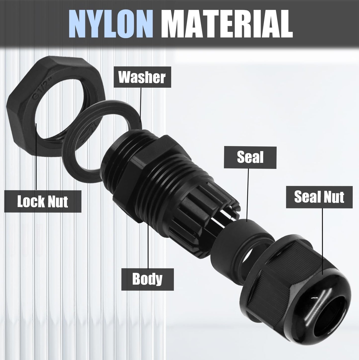 Kyuionty 12 Pcs 1/2" NPT Nylon Cable Glands, Black Strain Relief Cable Cord Connector IP68 Waterproof Junction Box Wire Protectors Adjustable for 6-12mm Cable Diameter