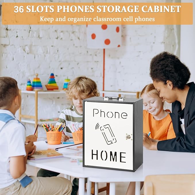 Lzttyee Cell Phone Holder Classroom 36 Slots Wooden Cell Phone Storage Cabinet Pocket Chart with Handle and Security Lock for Classroom Office (36 Grid Cabinet Black)