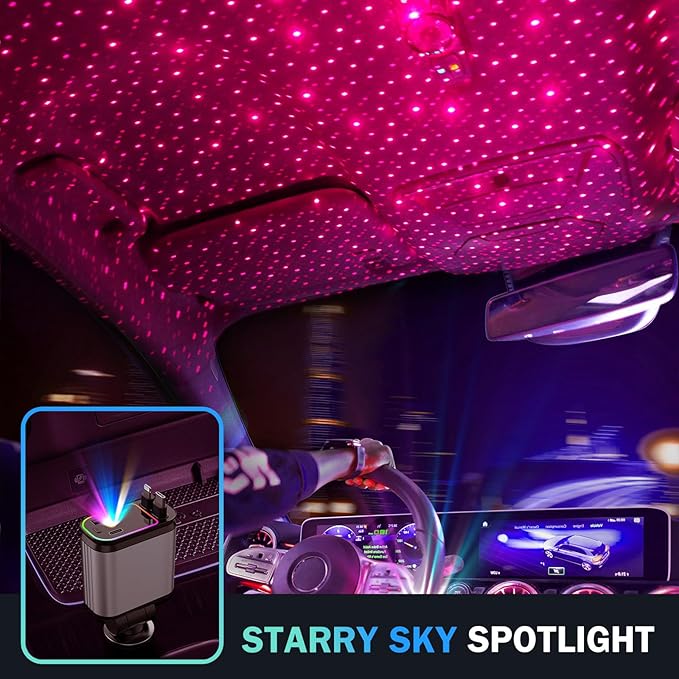 4 in 1 Retractable Car Chargers with Starlight, 66W USB C Fast Car Charger Adapter with 2 USB Ports Car Phone Chargers for All iPhone 16/15/14/13/12/11 and for All Android (Dark Grey - RedLight)