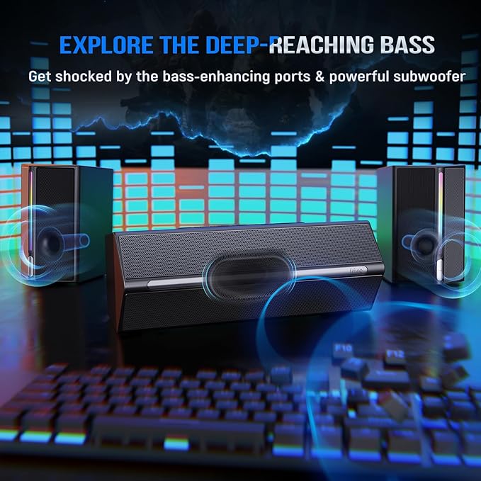 FIFINE 2.1 Computer Speakers with Subwoofer, Gaming Speaker for PC with RGB & Bluetooth, Volume Control & 3.5mm Aux Input, AC Powered Desktop Speakers for Monitor TV Mobile - AmpliGame A22