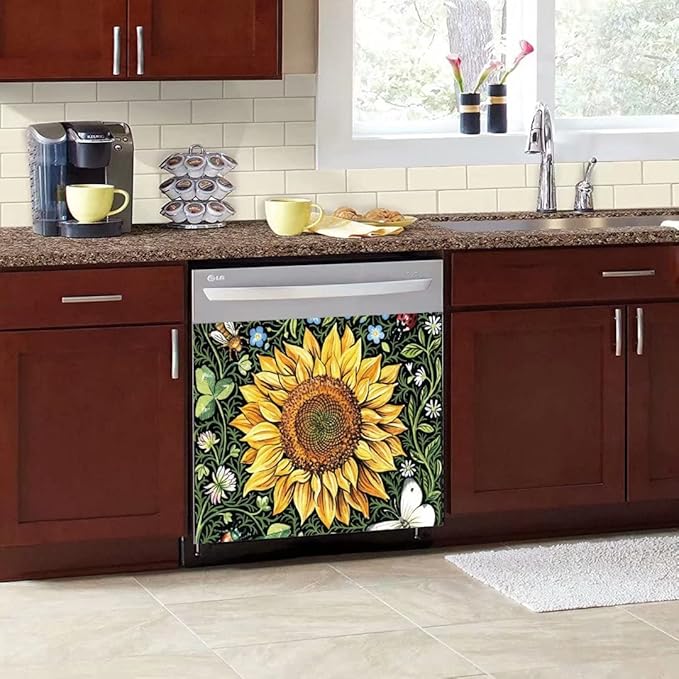 Sunflower Dishwasher Magnets Decorative Cover, Home Kitchen Dishwasher Decal Floral Refrigerator Magnet Cover Decals, Magnetic 23"x17"INCH