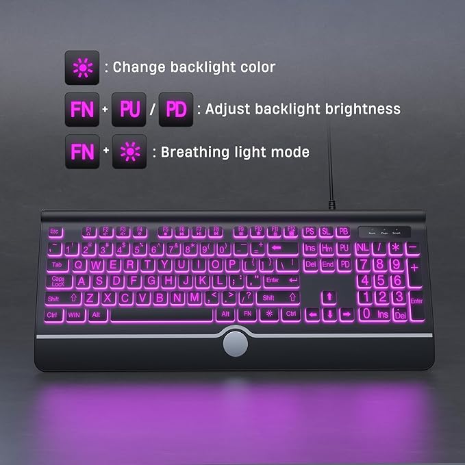 KOPJIPPOM USB Wired Keyboard with Large Print Backlit Keys, 7 Color LED Backlight, Ergonomic Wrist Rest, Spill-Resistant Design, Full-Size Computer Keyboard with Number Pad for PC Desktop Laptop
