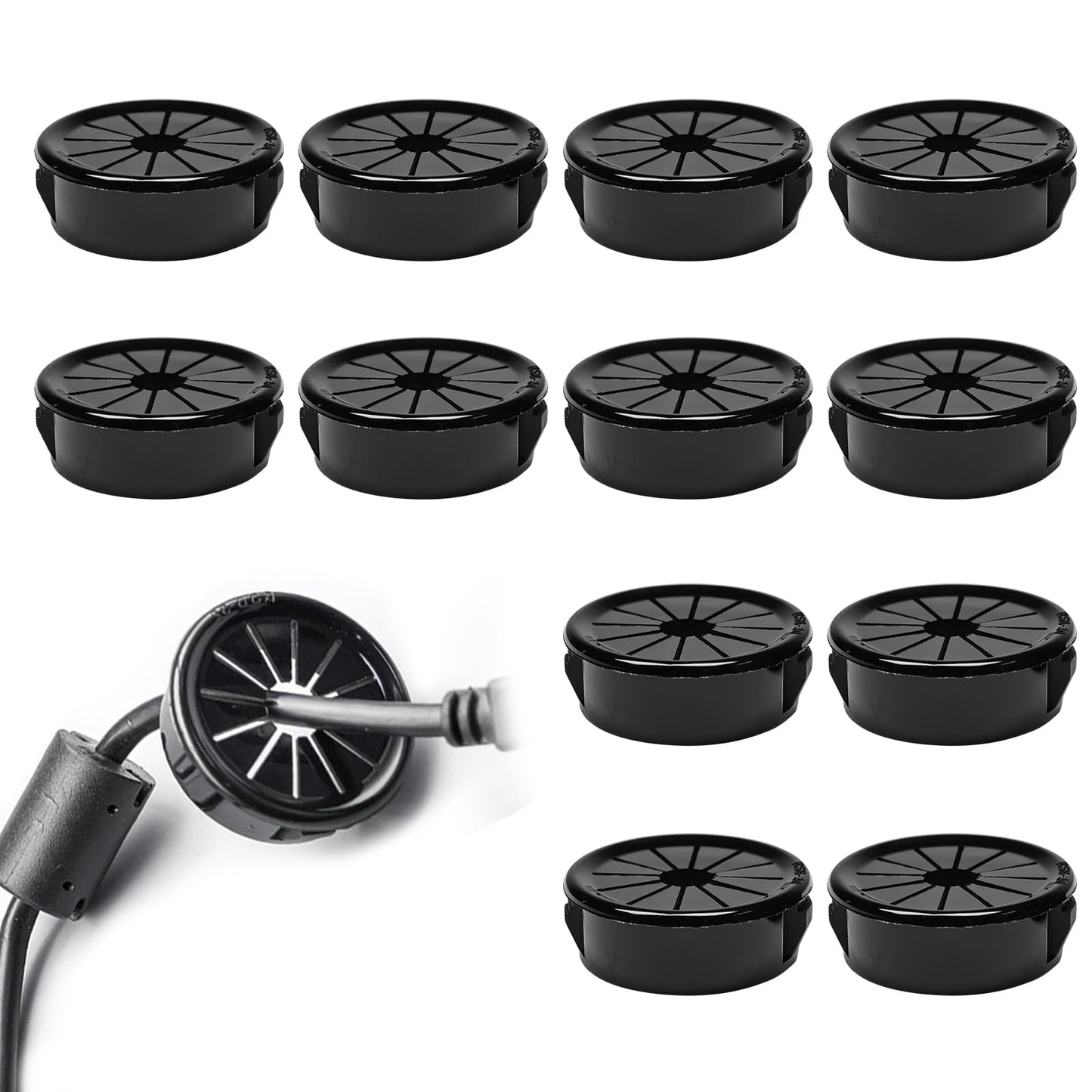 BOPOREAE 12 Pcs Cable Grommet, Snap Bushing 1-3/16" (30 mm) Mounting Diameter, Flexible Petal-Shaped Buckle Round Nylon Desk Grommet for Wires Through Countertop Cord Organizer and Protection, Black