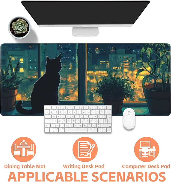 NIYLYNSYN Mouse Pad Large Cat Sitting on The Windowsill Non-Slip Game Desk Mat with Stitched Edge Laptop Keyboard Desk Pad for Work Home Gaming (35.4 x 15.7 Inches)