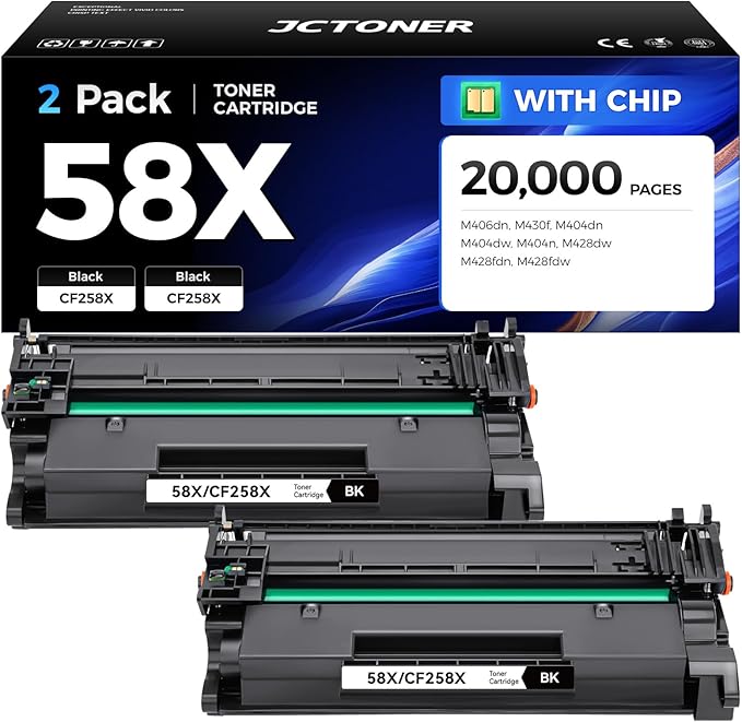 58X Black Toner Cartridge 2-Pack with chip High Yield Replacement for HP 58X CF258X 58A Compatible with HP LaserJet Pro MFP M428dw M428fdn M428fdw M404dn M404dw M404n Enterprise M430f M406dn Printer