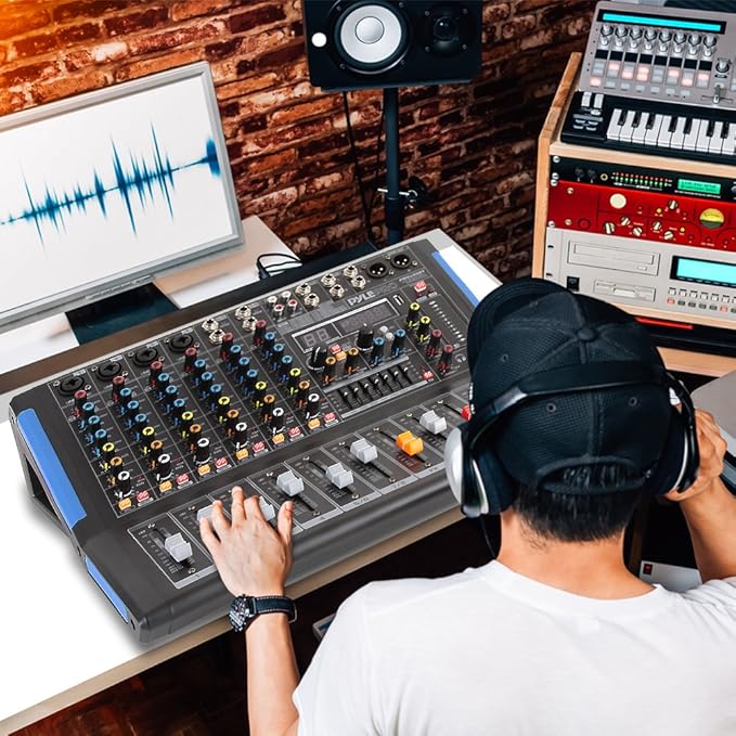 Pyle 8-Channel Console Style Audio Mixer with Bluetooth - DJ Sound Controller, 4 XLR / Combo Inputs, Sub Out, +48V Phantom, USB-A In, 16 DSP Effects, MP3 Player, 7-Band EQ - PMXU88BT