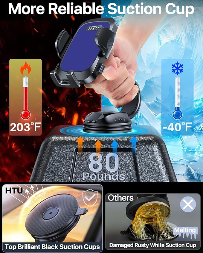 HTU Upgraded Strongest Suction Car Phone Holder Bendable Arm, Never Block View Rotatable Cellphone Mount for Dashboard Windshield Vent, Cradle Stand for iPhone 17 16 15 14 13 12 Pro Max (Lndigo Blue)