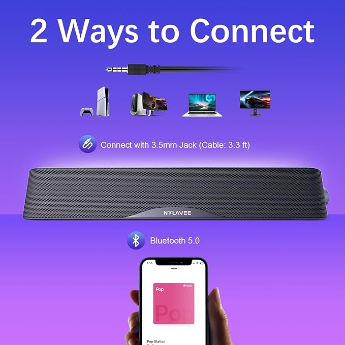 Nylavee Computer Speakers, Hi-Fi Stereo Computer Sound Bar with Bluetooth & 3.5mm Aux, USB/USB-C Powered for Desktop PC, Laptop & Monitor, Built-in Mic and Headphone Jack
