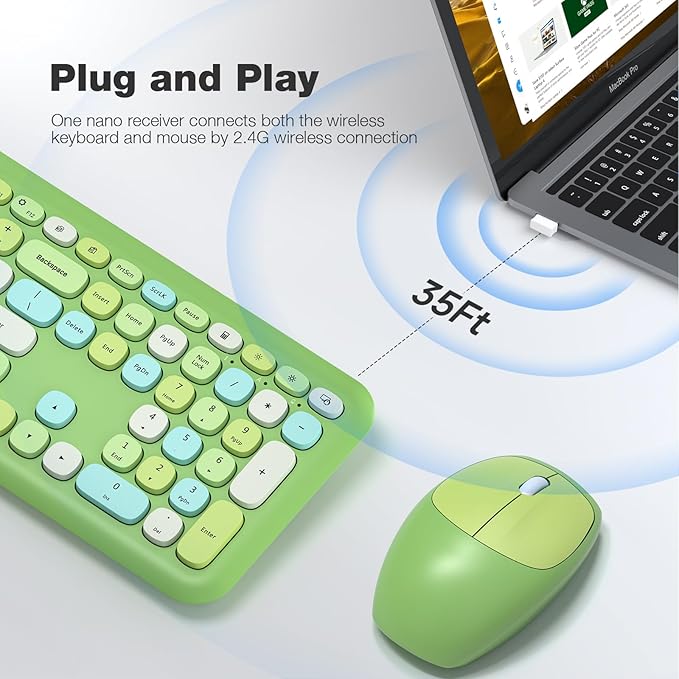 KNOWSQT Wireless Keyboard and Mouse Combo, Pale Green Full-Sized 2.4G Silent Keycap Colorful Keyboards, USB Dongle Plug Play, Laptop, Windows, PC, Mac, Desktop