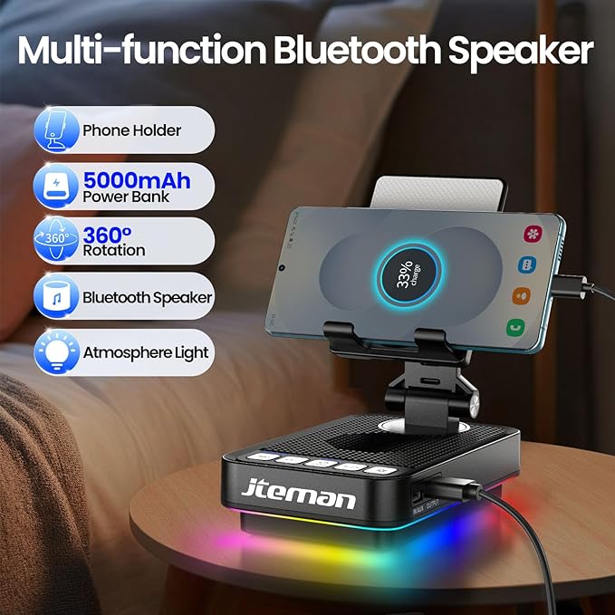 JTEMAN Gifts for Men Women Phone Stand Bluetooth Speaker with Light and Charging Function, 360 Rotating Phone Holder Cool Tech Gifts for Dad Mom Husband Unique Birthday Gift Ideas