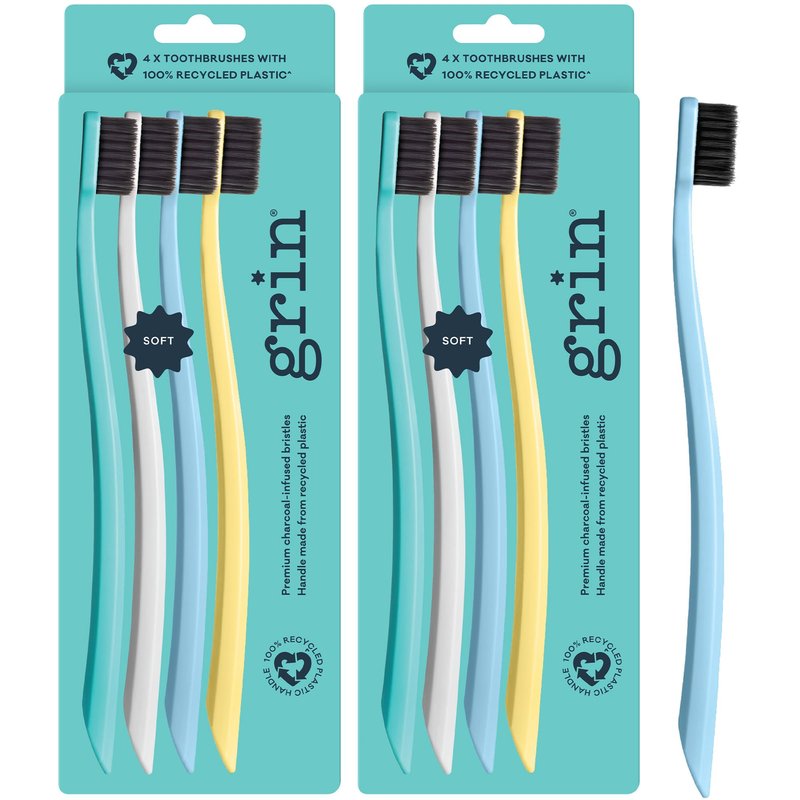Grin Extra Soft Toothbrushes for Adults â Travel Toothbrush Set with Charcoal Infused Bristles â Manual Full Mouth Brush Head for Whitening & Gum Care â 8 Count (Pack of 2), Summer Beach
