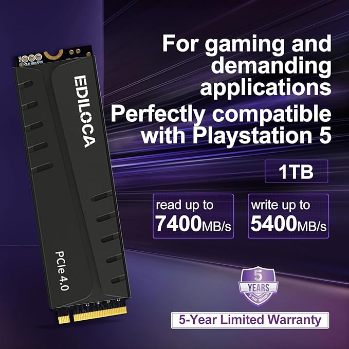 Ediloca 1TB PS5 SSD with Heatsink PCIe Gen4 NVMe M.2 Gaming SSD, 7400MB/s Read, 1GB DRAM Cache, 3D TLC | Internal Solid State Drive Compatible with PS5 & PC(EN855)
