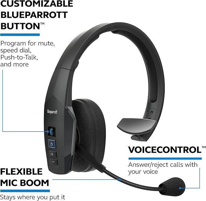 BlueParrott B450-XT Mono Bluetooth Wireless Headphones 96% Noise Canceling Over Head Trucker Headset with Mic, All Day Comfort Padded Headband, Extended Wireless Range, 24 hrs. Talk Time, Black