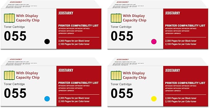 Jeostarky Remanufactured for Canon 055 055H with Display Capacity Chip Replacement for Canon 055 Toner Cartridge Set for Canon Color ImageClass MF743Cdw MF741Cdw MF745Cdw MF746Cdw Printer (4 Pack)