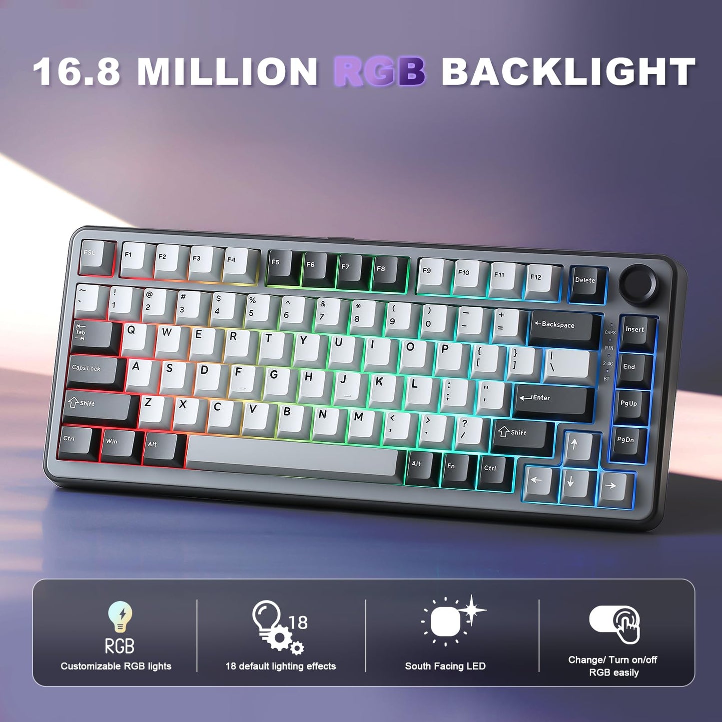 YUNZII B75 PRO Wireless Mechanical Keyboard,75% Layout with Knob,Hot Swap Gasket Custom Structure,Creamy Pre-lubed Switches,RGB Backlit,BT/Type-C/2.4G for Win/Mac(Cocoa Cream V2 Switch,Dark Grey)