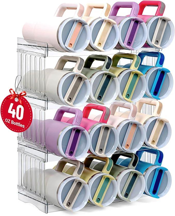 Water Bottle Organizer for Full Stanley 40 oz Tumbler with Handle, Cabinet Kitchen Pantry Organizers and Storage for Owala Stanley Cup Accessories Holder, Patented Stackable Tumbler Organizer Gifts