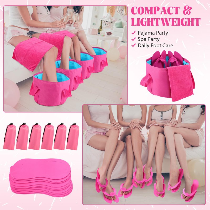 FillTouch 6 Sets Foldable Foot Bath Kit 15L Collapsible Foot Soaking Tub Bathroom Towels Women Adult Foldable Slippers with Storage Bag Spa Soak Pedicure Bath for Travel Camping(Rose Red)