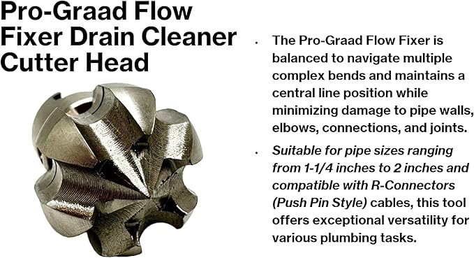 1â Flow Fixer Drain Cleaner Plumbing Snake Cutter Head for 1-1/4" - 2" Pipes, Clears & Scrapes Pipe Inner Walls, with R-Connector (Push Pin Fitting), for Commercial & Residential Use