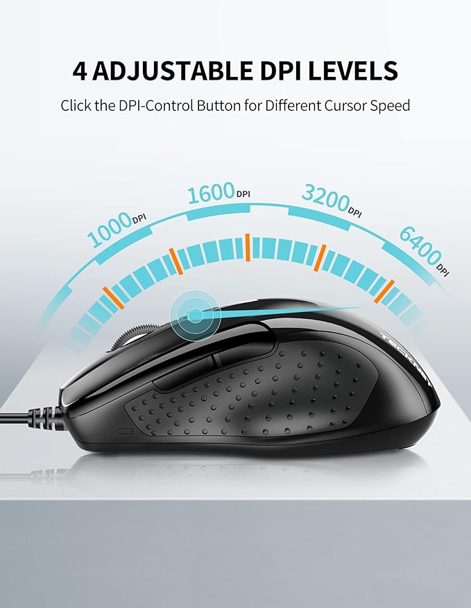 TECKNET USB Wired Mouse, 6-Button Corded Mouse with 2 Adjustable DPI, Optical Computer Mouse with Ergonomic Design and 5FT Cord for Laptop, Chromebook, PC, Desktop, Mac, Notebook-Black