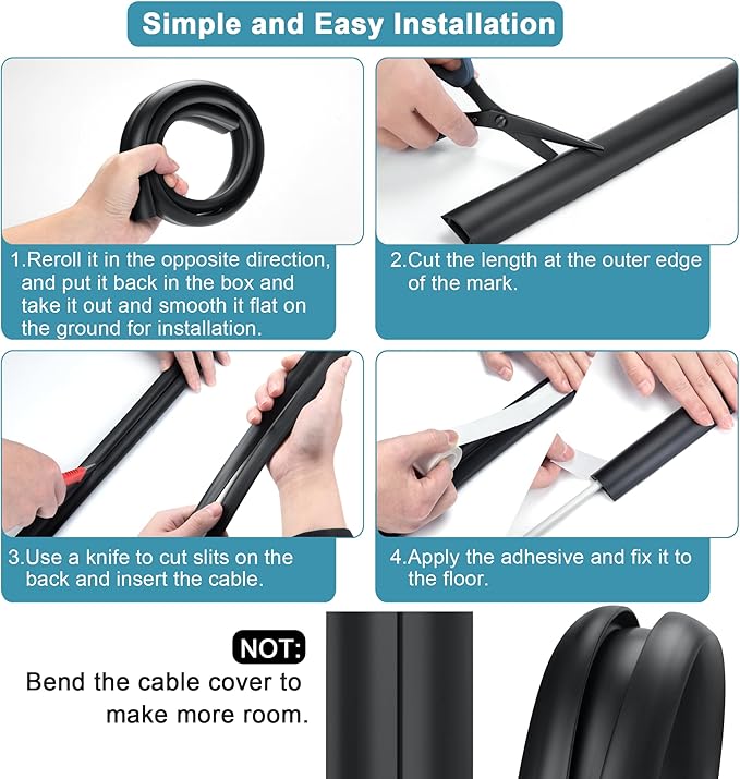 Floor Cable Cover 3ft Black, LZEOY Cord Covers for Wires on Floor, Cord Hider Floor Cable Management, Extension Cord Floor Cover Low Profile, Floor Cord Cover for Office/Carpet/Floor