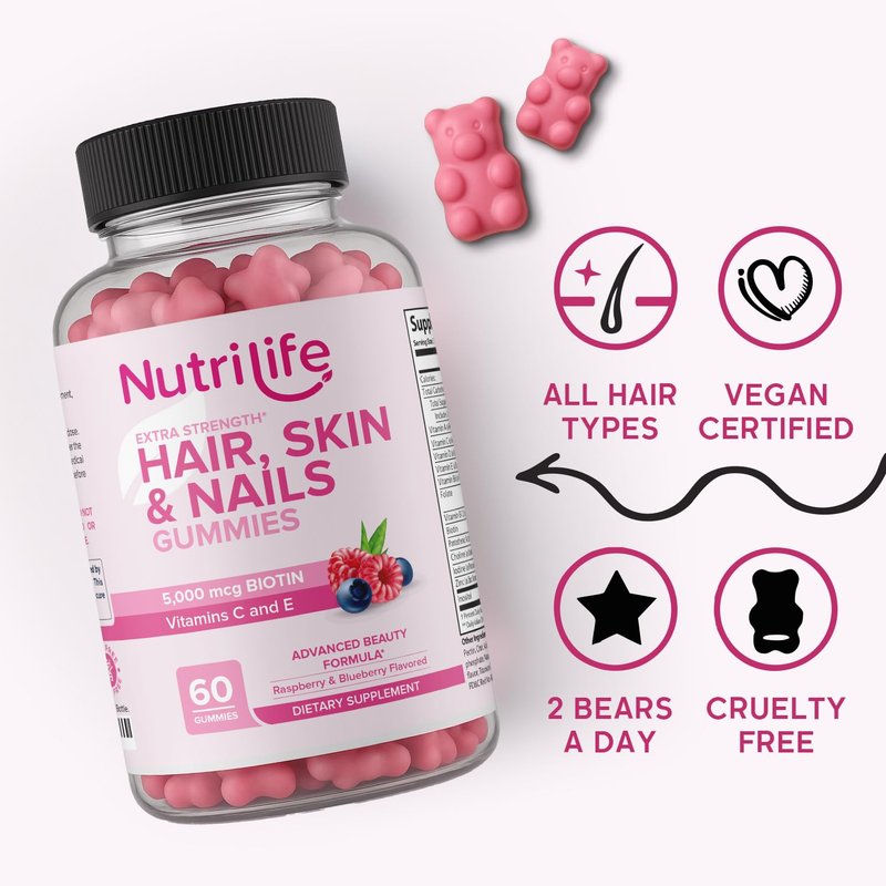 NutriLife Advanced Hair, Skin & Nails Gummies – Biotin with Vitamin C & E – Vegan Beauty Support – Promotes Hair Growth, Strong Nails & Radiant Skin – Non-GMO, Gluten-Free, Made in USA